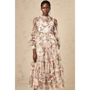 Boutique Floral Tulle‎ Ruffle Midi Dress Pink Blue Long Sleeve Size XL